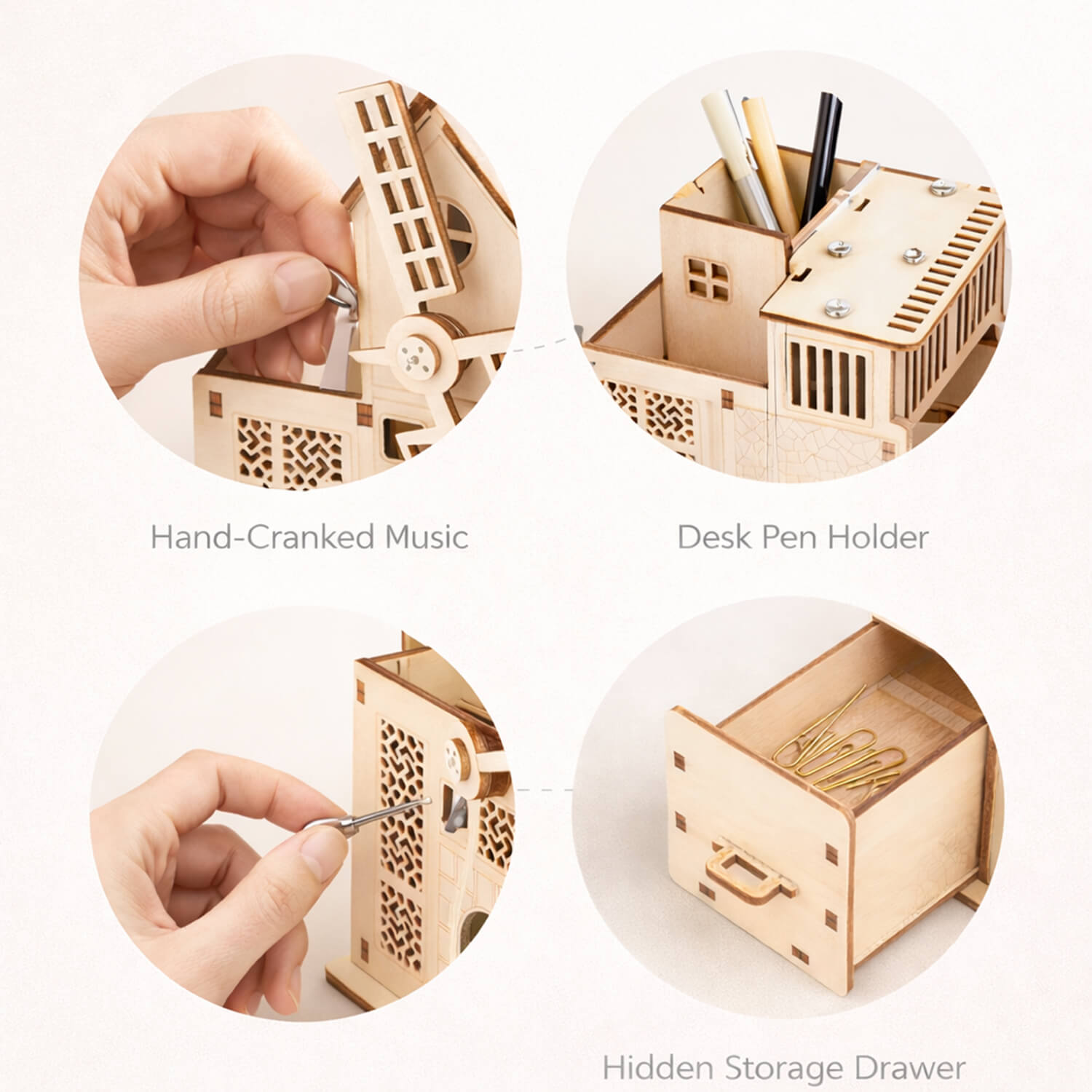 DIY Hand-Cranked Wooden Music Box Pen Holder product detail image 4