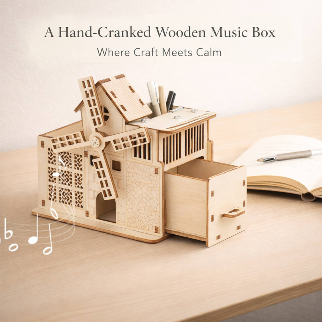 DIY Hand-Cranked Wooden Music Box Pen Holder product detail image 3