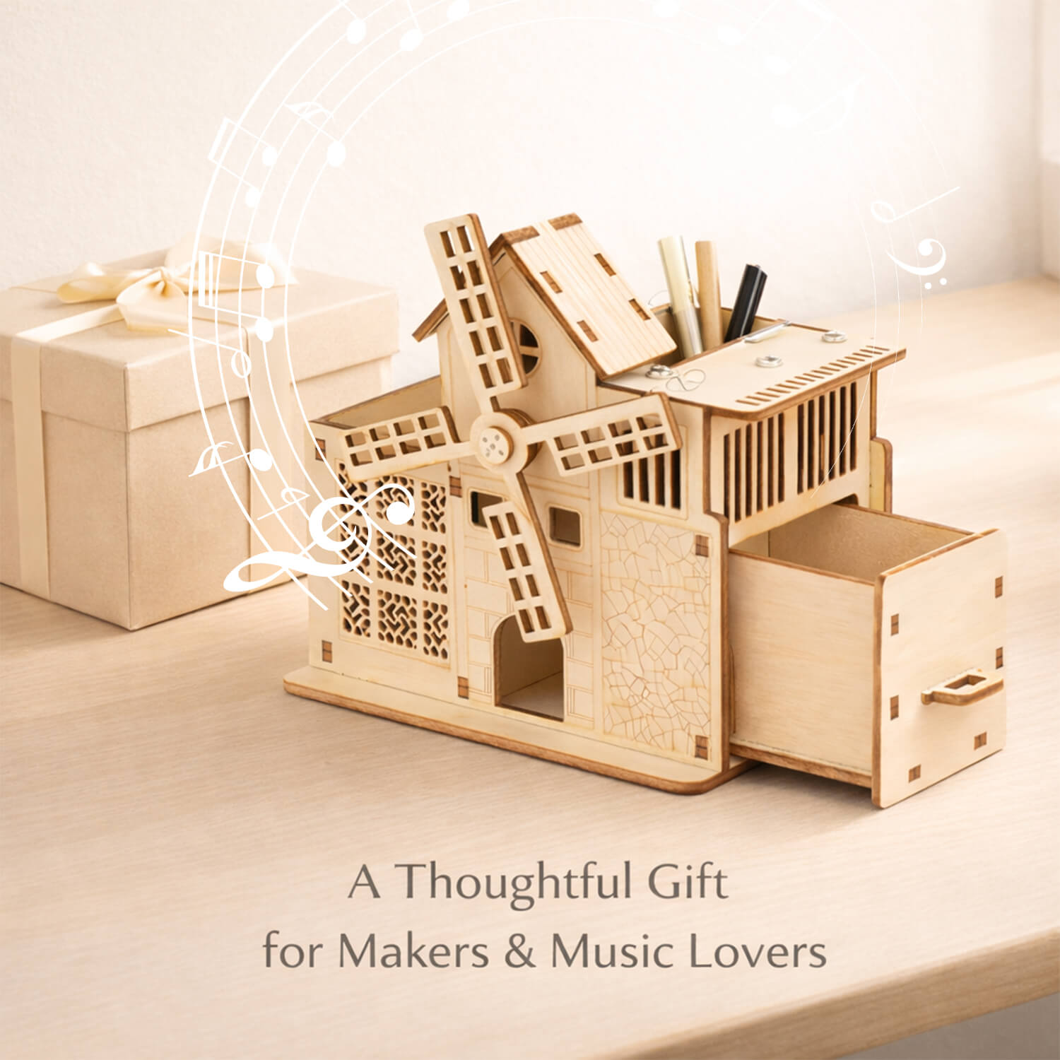 DIY Hand-Cranked Wooden Music Box Pen Holder product detail image 8