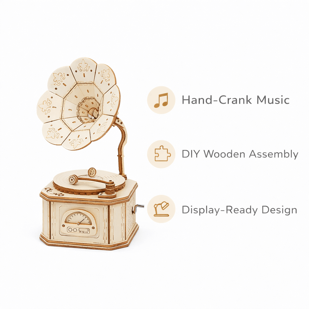 DIY Hand-Crank Wooden Gramophone Music Box product detail image 3