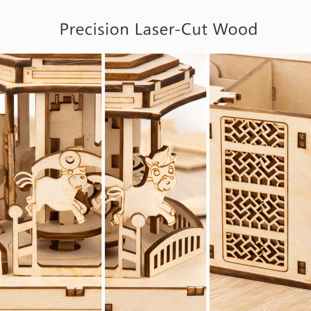 DIY Hand-Crank Wooden Carousel Music Box Pen Holder product detail image 7