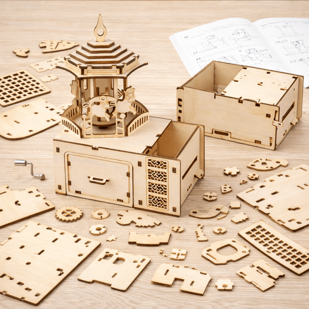 DIY Hand-Crank Wooden Carousel Music Box Pen Holder product detail image 2
