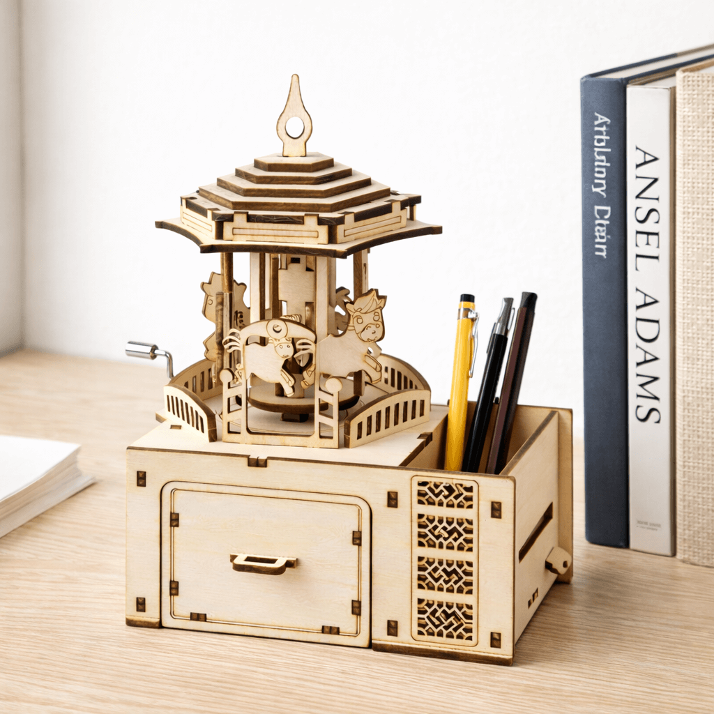 DIY Hand-Crank Wooden Carousel Music Box Pen Holder product detail image 3