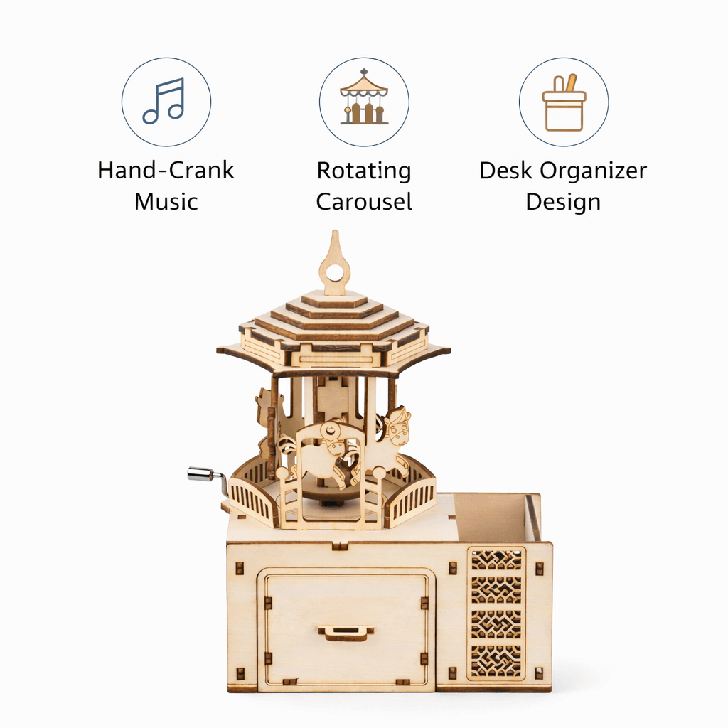DIY Hand-Crank Wooden Carousel Music Box Pen Holder product detail image 4