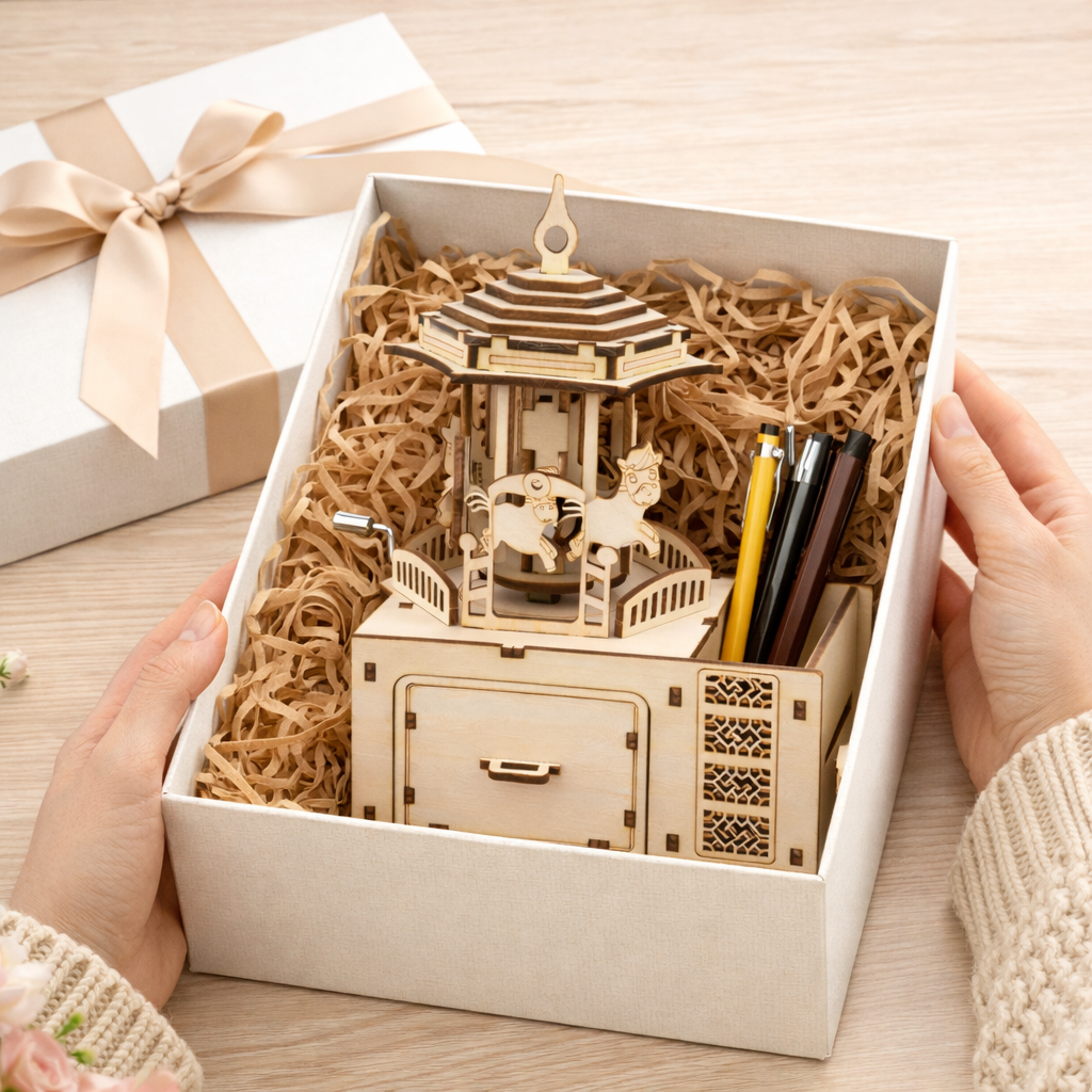 DIY Hand-Crank Wooden Carousel Music Box Pen Holder product detail image 8