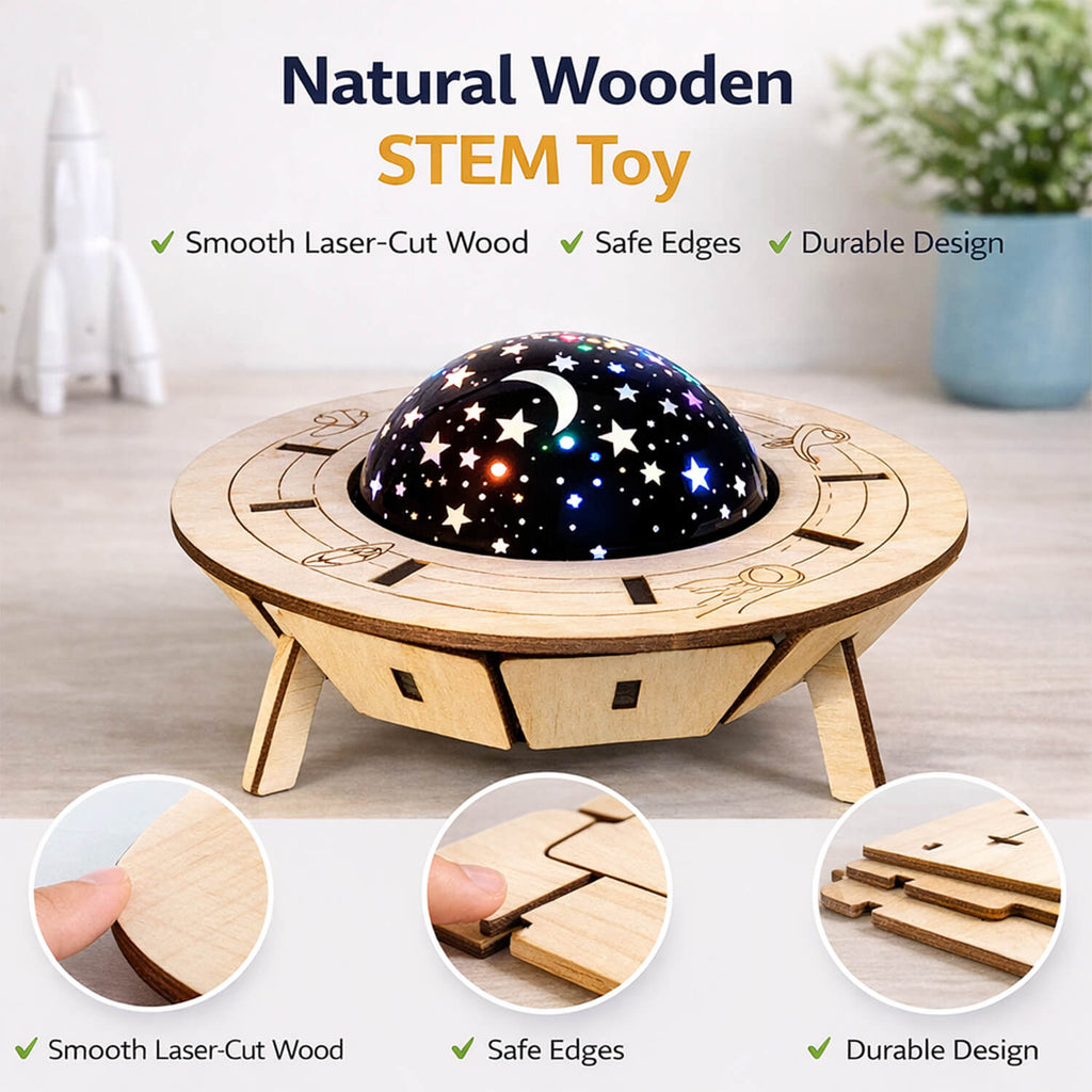 DIY Smart Voice-Controlled Spaceship Starry Sky Light - Wooden STEM Toy for Kids product detail image 5