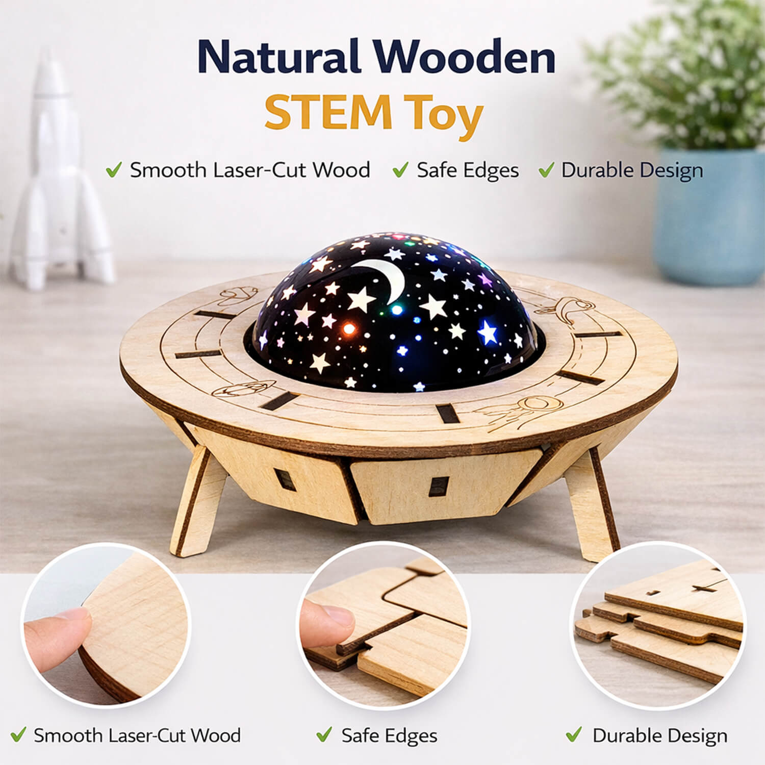 DIY Smart Voice-Controlled Spaceship Starry Sky Light - Wooden STEM Toy for Kids product detail image 5