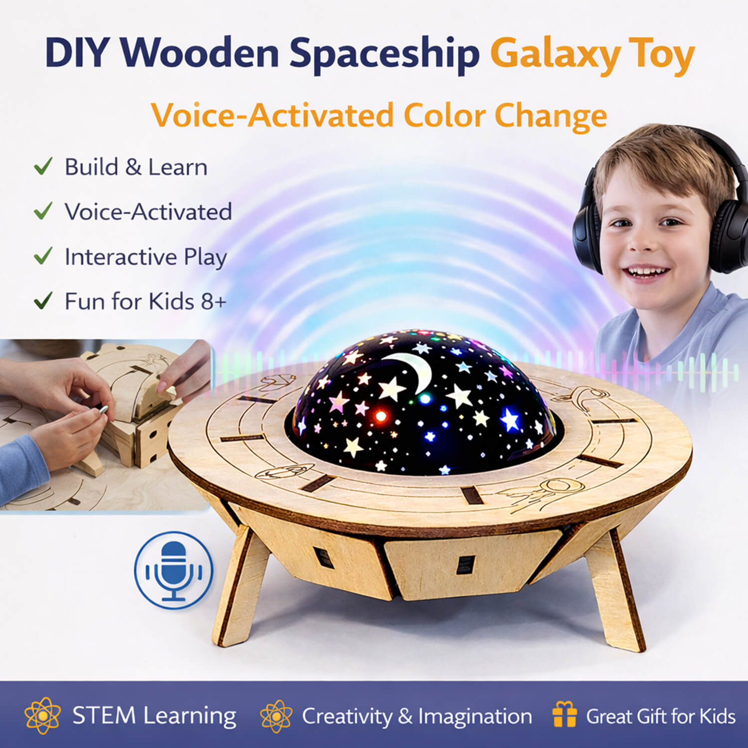 DIY Smart Voice-Controlled Spaceship Starry Sky Light - Wooden STEM Toy for Kids product detail image 6