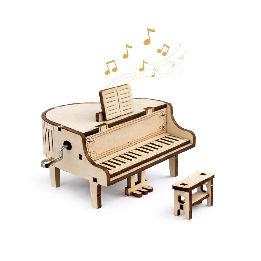 DIY Wooden Piano Music Box hand-crank buildable project — assemble a working piano-shaped music box, creative STEM gift for kids who love music