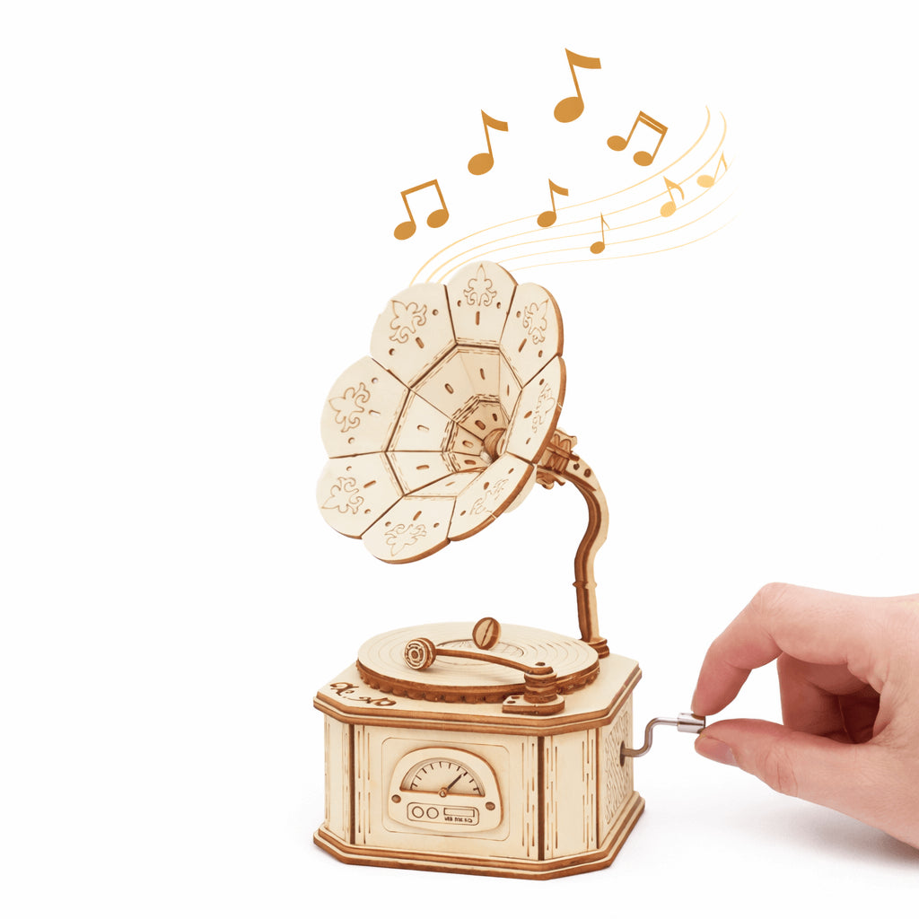 DIY Wooden Gramophone Music Box vintage buildable STEM project — assemble a gramophone-shaped music box with real mechanism, engineering and music combined