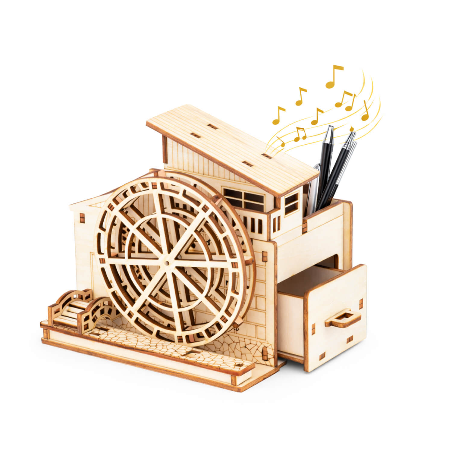 DIY Wooden Watermill Music Box hand-crank buildable project — assemble a working watermill with music mechanism, creative engineering and music STEM learning