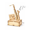 DIY Wooden Saxophone Music Box buildable project — assemble a saxophone-shaped music box with real hand-crank mechanism, creative music STEM gift