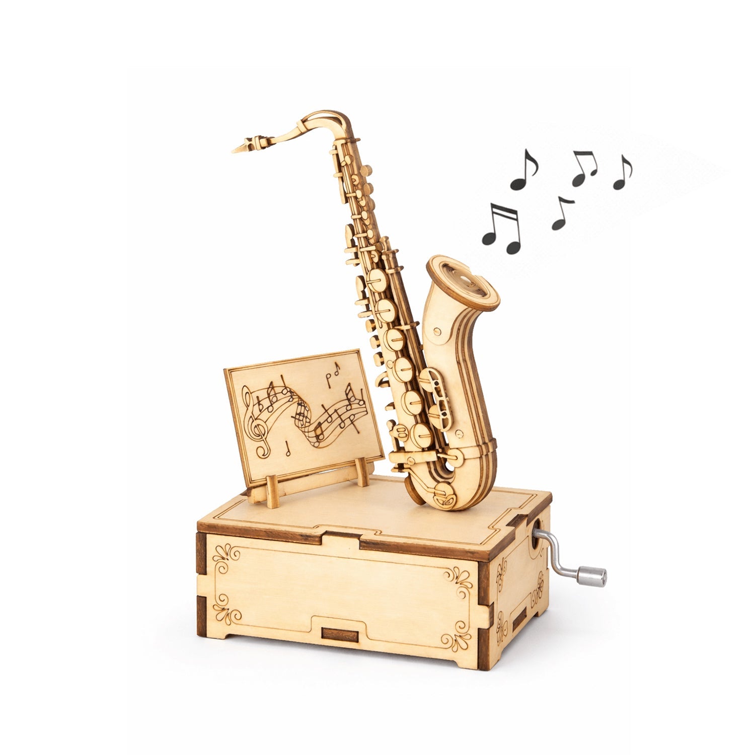 DIY Wooden Saxophone Music Box buildable project — assemble a saxophone-shaped music box with real hand-crank mechanism, creative music STEM gift