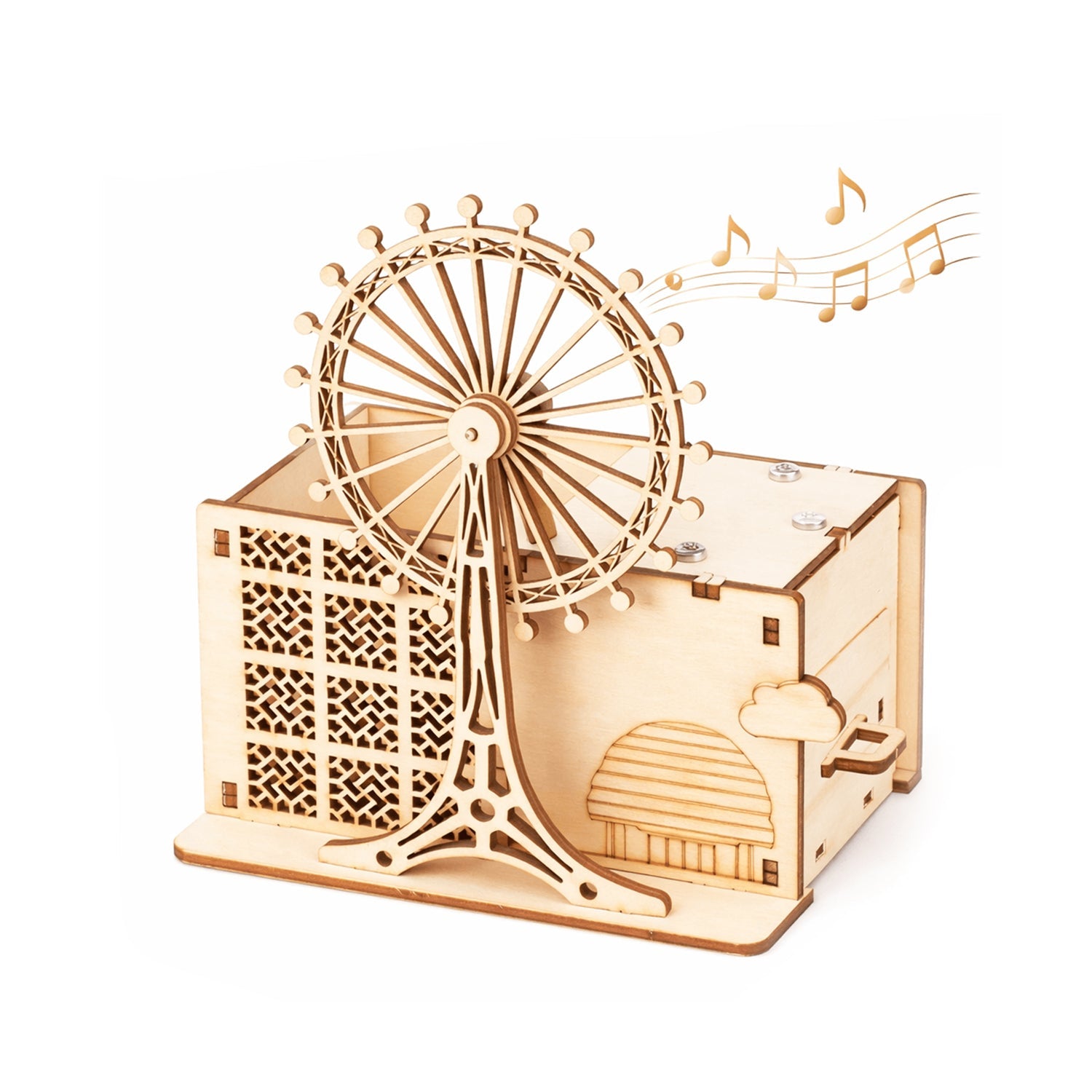 DIY Ferris Wheel Music Box hand-crank wooden buildable project — assemble a working Ferris wheel with music mechanism, creative STEM gift for kids