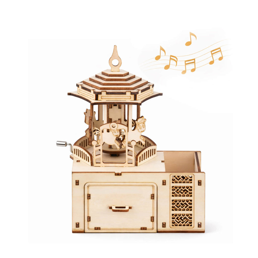 DIY Wooden Carousel Music Box Pen Holder buildable desk project — assemble a working carousel music box organizer, creative desk organization STEM gift