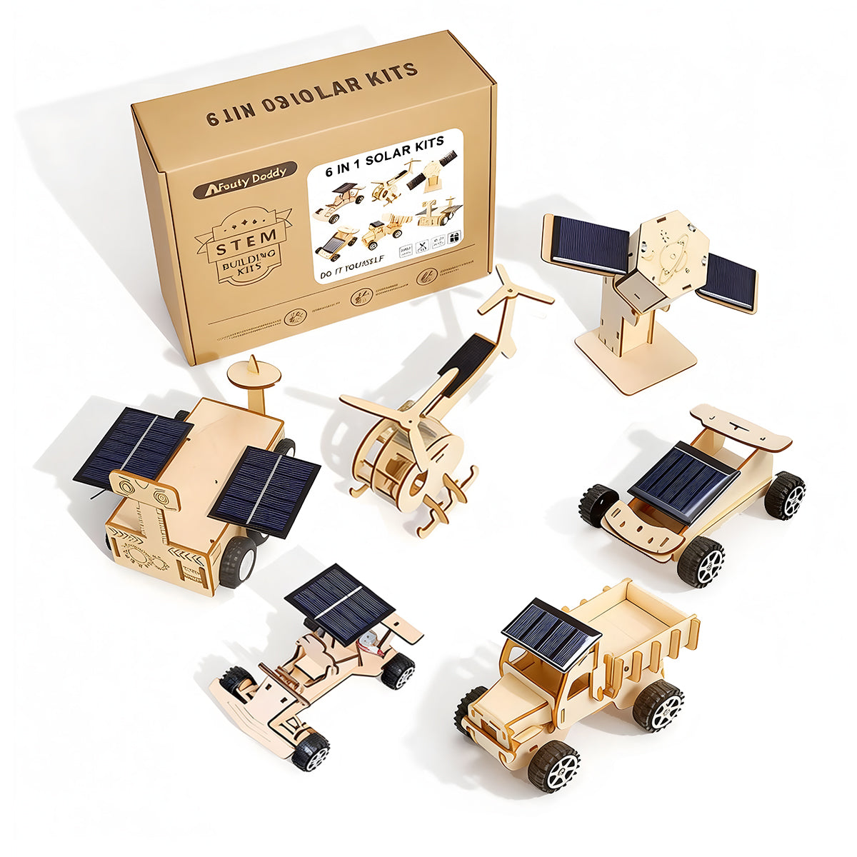 6-in-1 Solar Powered Wooden STEM building kit — build 6 solar-powered models, hands-on renewable energy science and engineering project for kids