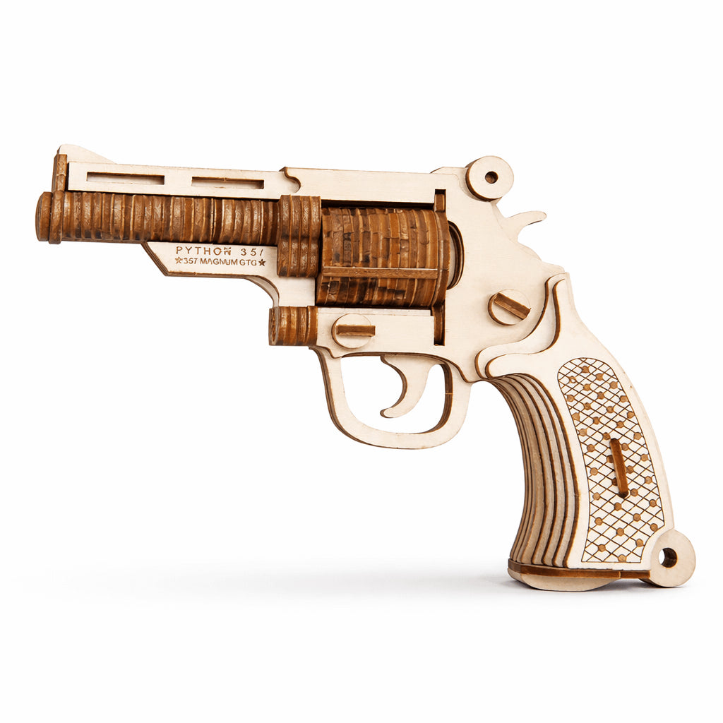 DIY Wooden Mechanical Revolver Model precision puzzle assembly kit — buildable display piece, hands-on mechanical engineering project for collectors