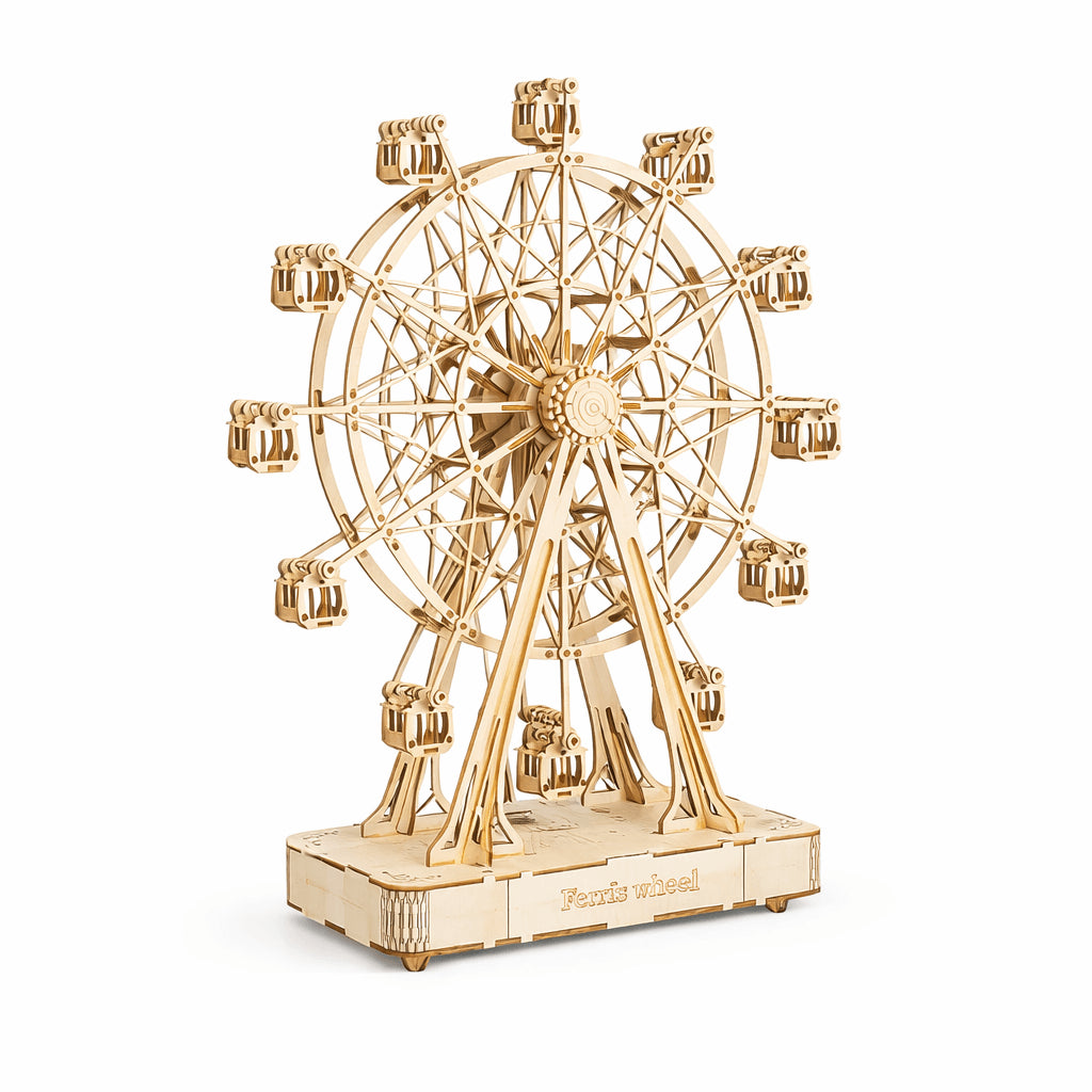 DIY Wooden Ferris Wheel mechanical model kit — no-glue laser-cut 3D puzzle STEM building project, working rotating amusement park model
