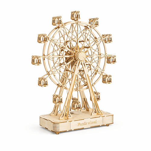 DIY Wooden Ferris Wheel mechanical model kit — no-glue laser-cut 3D puzzle STEM building project, working rotating amusement park model