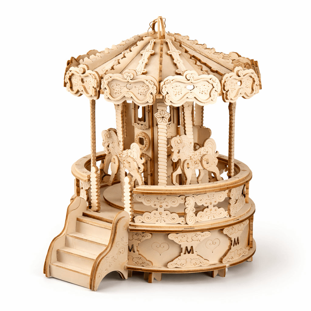 DIY Wooden Carousel Music Box buildable mechanical keepsake — hand-crank music box STEM project for kids, creative building gift