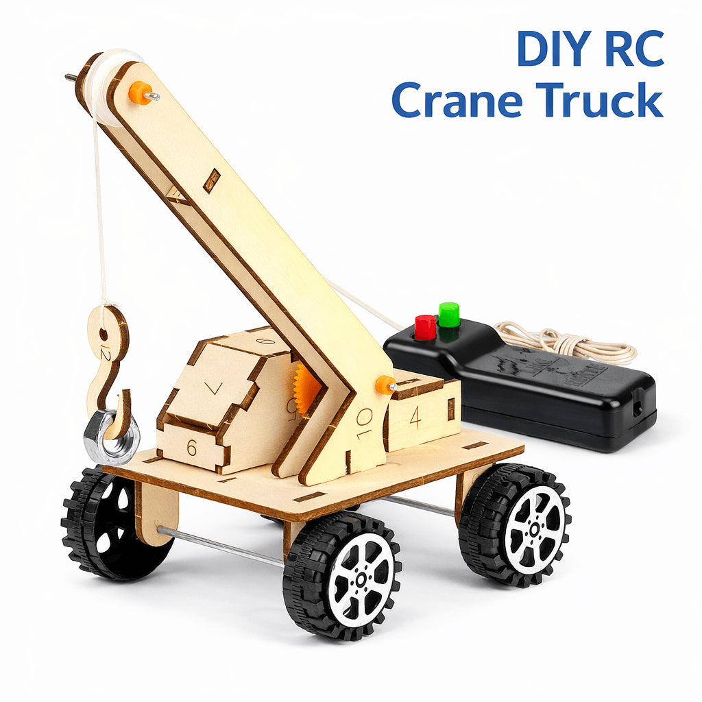 DIY Remote Control Crane Truck wooden STEM building kit — build a working RC crane, hands-on mechanical engineering and electronics project for kids