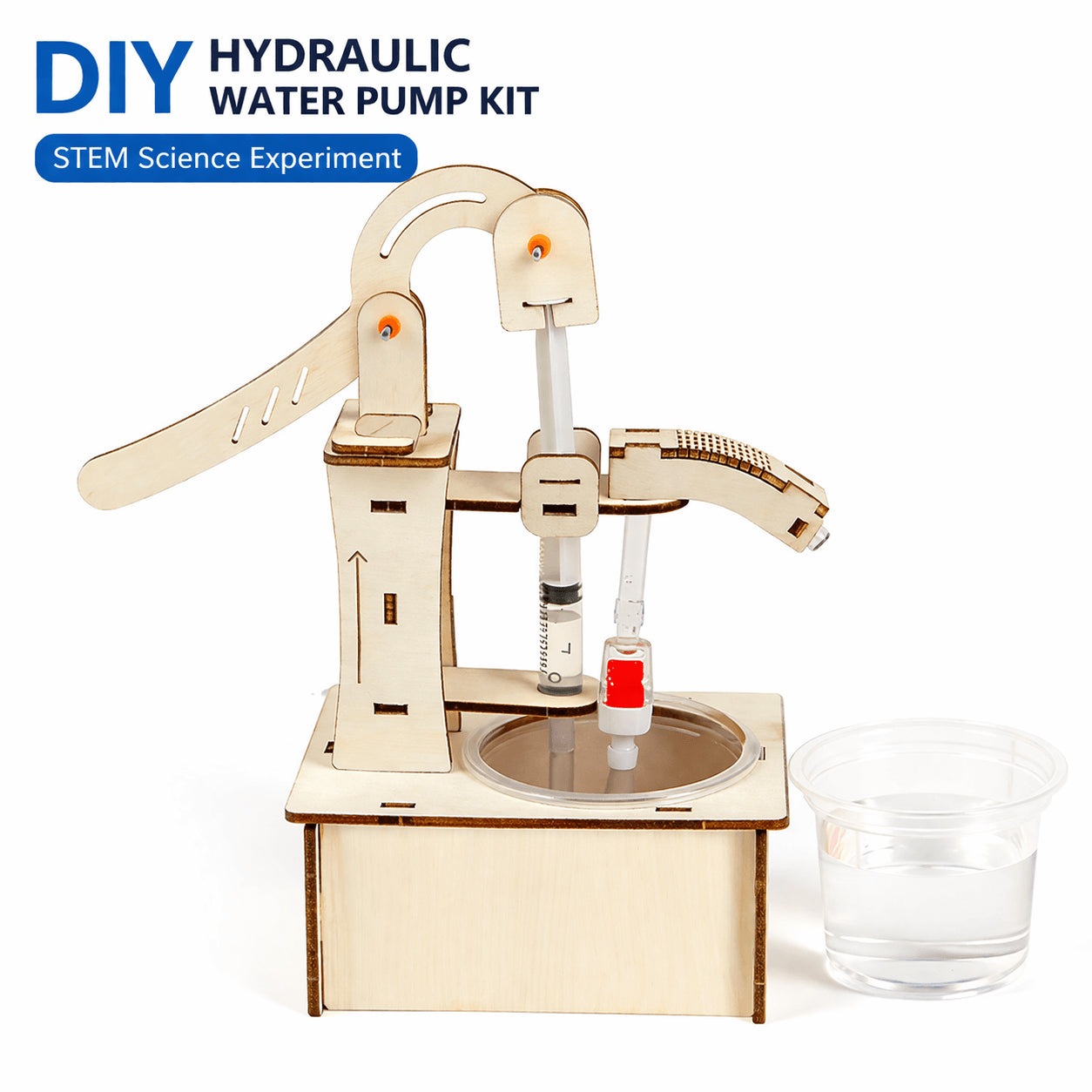 DIY Hydraulic Water Pump wooden STEM science kit for kids — build a working hydraulic pump, hands-on engineering and fluid mechanics project